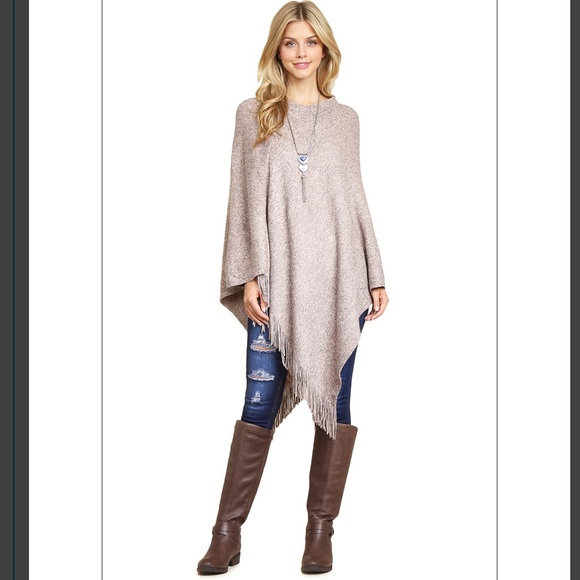 Taupe Fringe Poncho 🌸 Sale - Picture 2 of 3